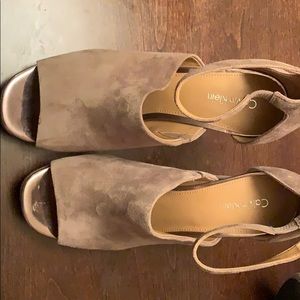 Calvin Klein taupe suede open toes